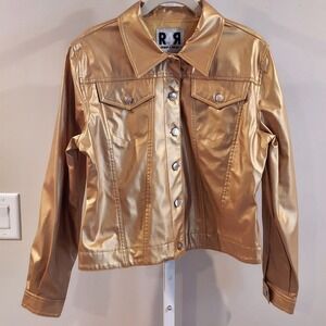 R4R Rave 4 Real Gold Faux Leather Jacket Large Patent Leather Metallic 90s Y2K